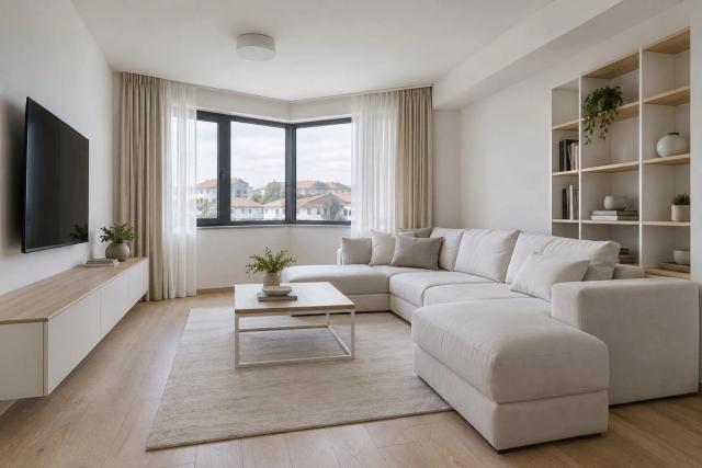Minimalist üslubunda qonaq otağı (yaşayış kompleksində mənzil, gündüz işığı) — Ekonom təmir paketi, dizayn vizuallaşdırması