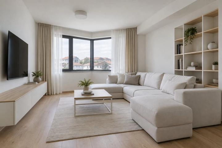 Minimalist üslubunda qonaq otağı (yaşayış kompleksində mənzil, gündüz işığı) — Ekonom təmir paketi, dizayn vizuallaşdırması