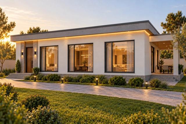 BM94-173 layihəsinin fasad vizuallaşdırması — düz dam, örtülü terras