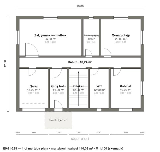 EK61-298 layihəsinin 1-ci mərtəbə planı — 140,32 m²