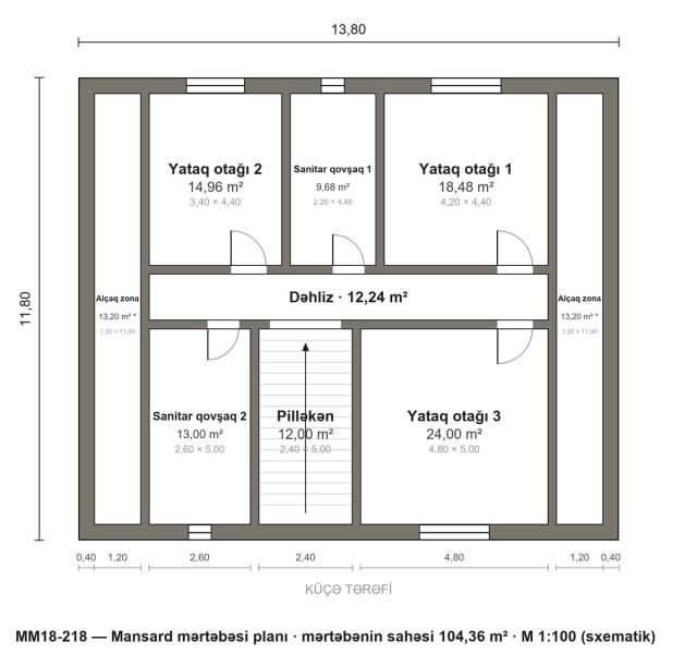 MM18-218 layihəsinin mansard mərtəbəsi planı — 3 yataq otağı