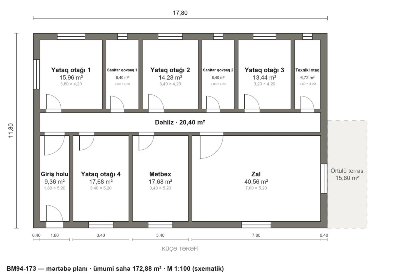 BM94-173 layihəsinin mərtəbə planı — 173 m², 4 yataq otağı