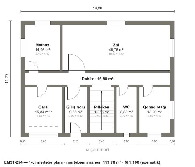 EM31-254 layihəsinin 1-ci mərtəbə planı — 119,76 m²