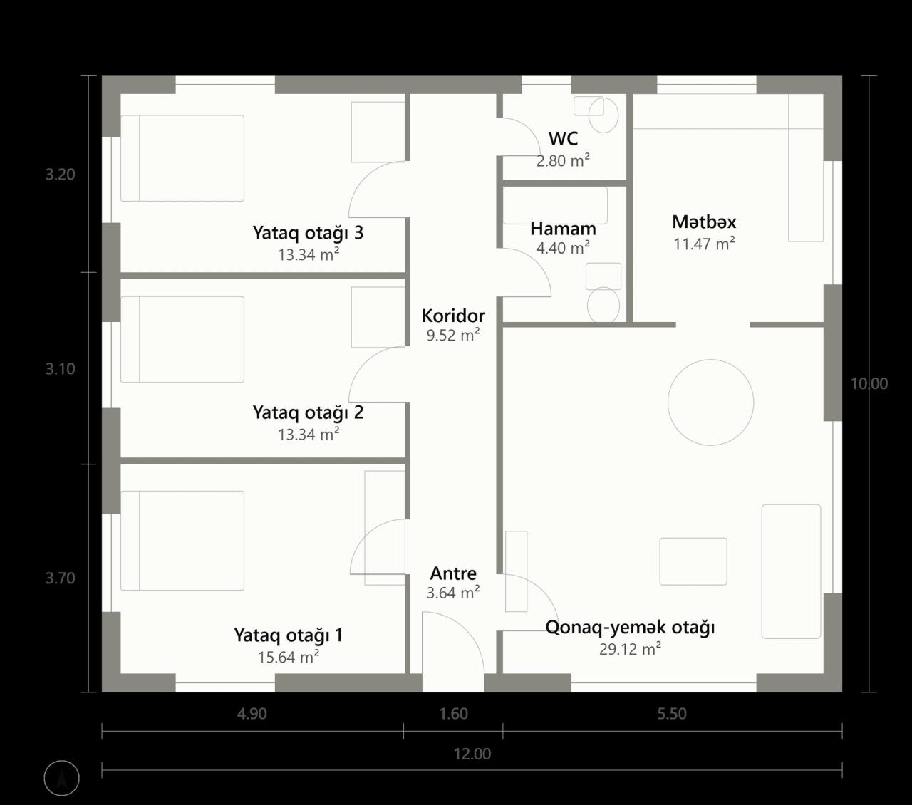 BK10-120 layihəsinin mərtəbə planı — 120 m², 3 yataq otağı