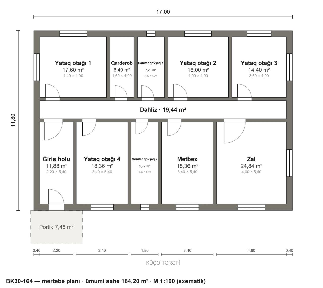 BK30-164 layihəsinin mərtəbə planı — 164 m², 4 yataq otağı