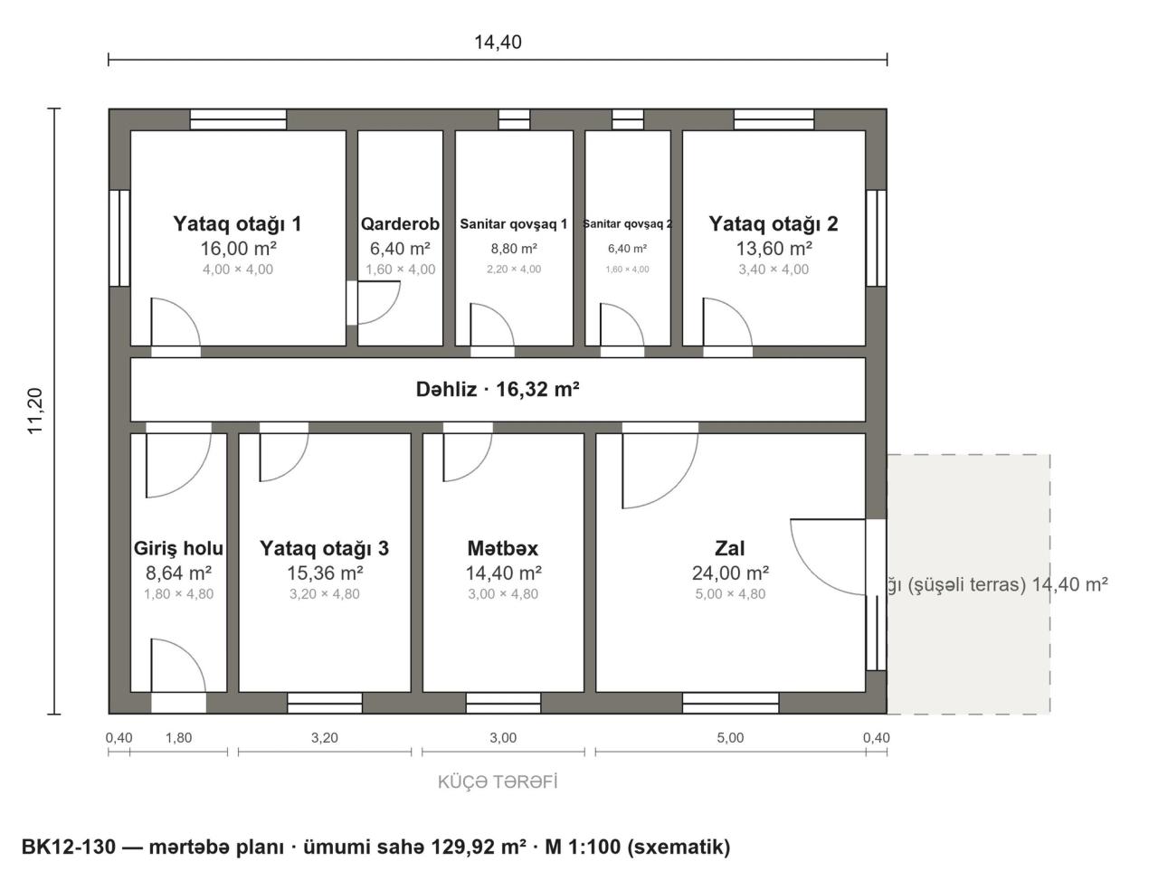 BK12-130 layihəsinin mərtəbə planı — 130 m², 3 yataq otağı