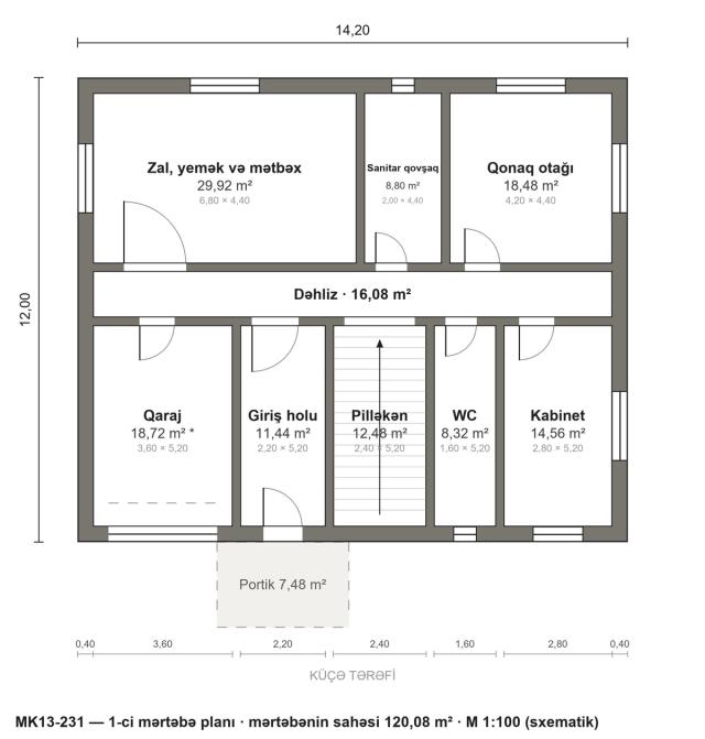 MK13-231 layihəsinin 1-ci mərtəbə planı — 120,08 m²