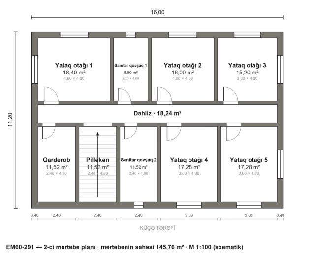 EM60-291 layihəsinin 2-ci mərtəbə planı — 6 yataq otağı