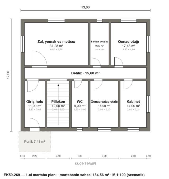 EK59-269 layihəsinin 1-ci mərtəbə planı — 134,56 m²