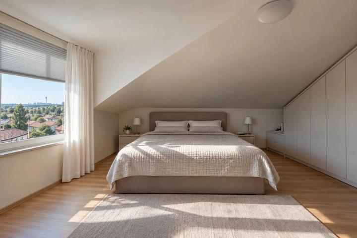 Minimalist üslubunda yataq otağı (yaşayış kompleksində mənzil, gündüz işığı) — Ekonom təmir paketi, dizayn vizuallaşdırması