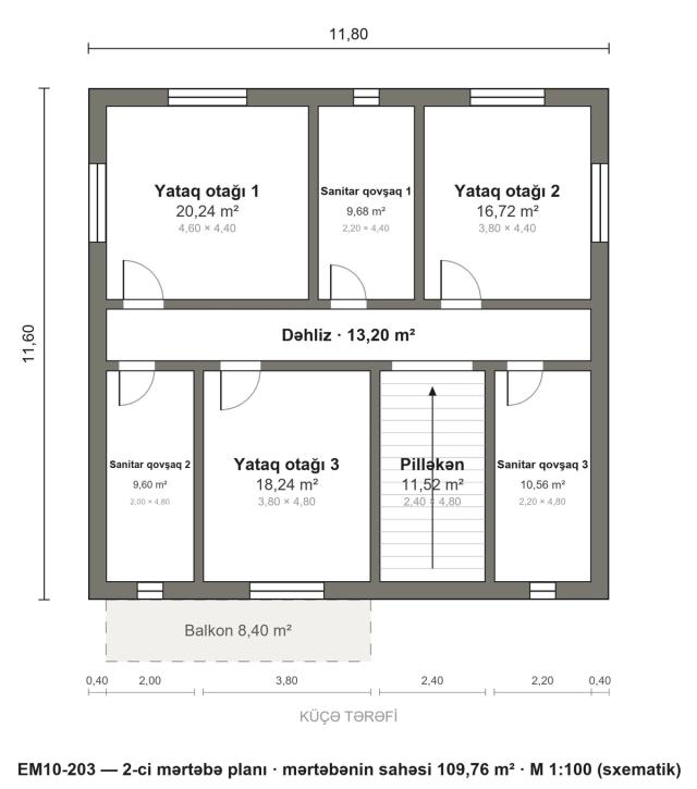 EM10-203 layihəsinin 2-ci mərtəbə planı — 3 yataq otağı