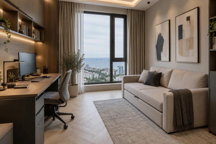 Modern üslubunda kabinet (yaşayış kompleksində mənzil, gündüz işığı) — Standart təmir paketi, dizayn vizuallaşdırması