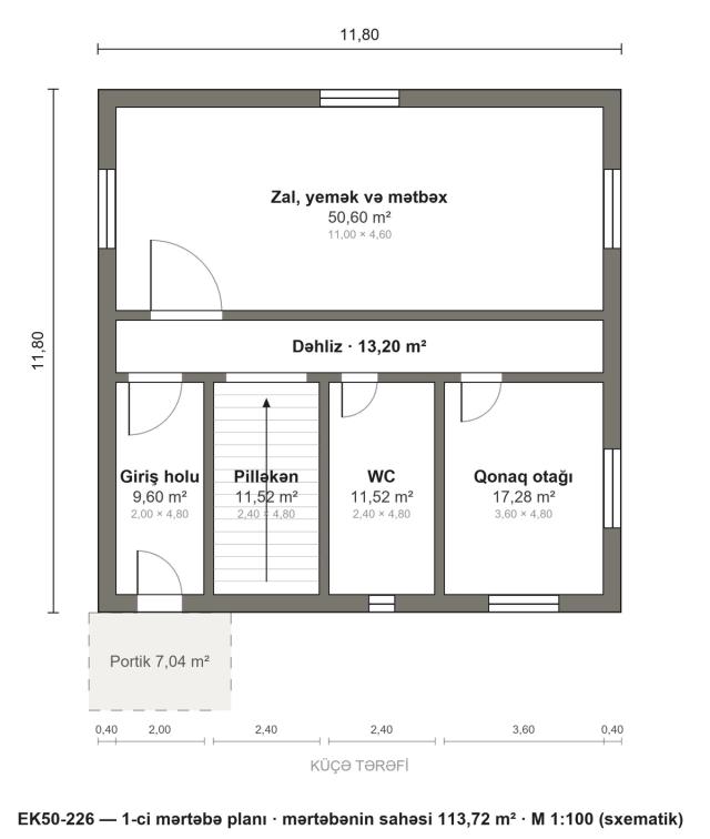 EK50-226 layihəsinin 1-ci mərtəbə planı — 113,72 m²