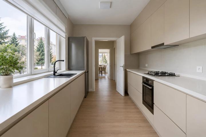 Minimalist üslubunda mətbəx (yaşayış kompleksində mənzil, qış gündüzü) — Ekonom təmir paketi, dizayn vizuallaşdırması