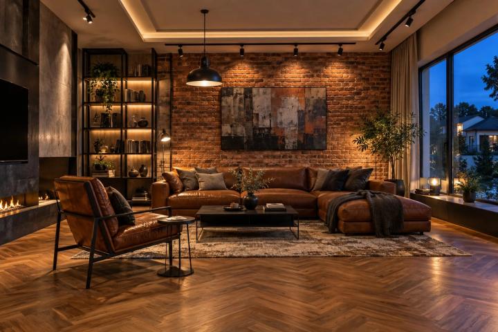 Loft üslubunda qonaq otağı (iki mərtəbəli ev, axşam, lampalar yanır) — Premium təmir paketi, dizayn vizuallaşdırması