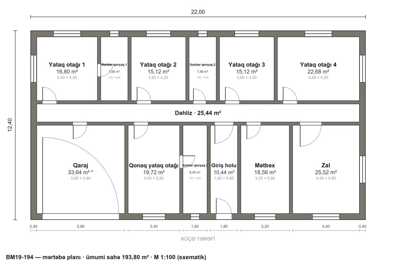 BM19-194 layihəsinin mərtəbə planı — 194 m², 5 yataq otağı