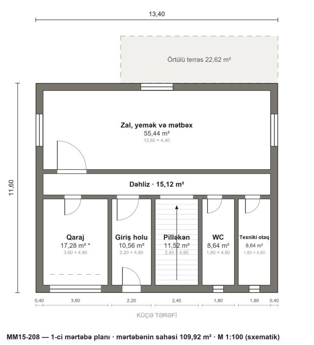 MM15-208 layihəsinin 1-ci mərtəbə planı — 109,92 m²
