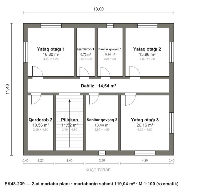EK48-239 layihəsinin 2-ci mərtəbə planı — 3 yataq otağı