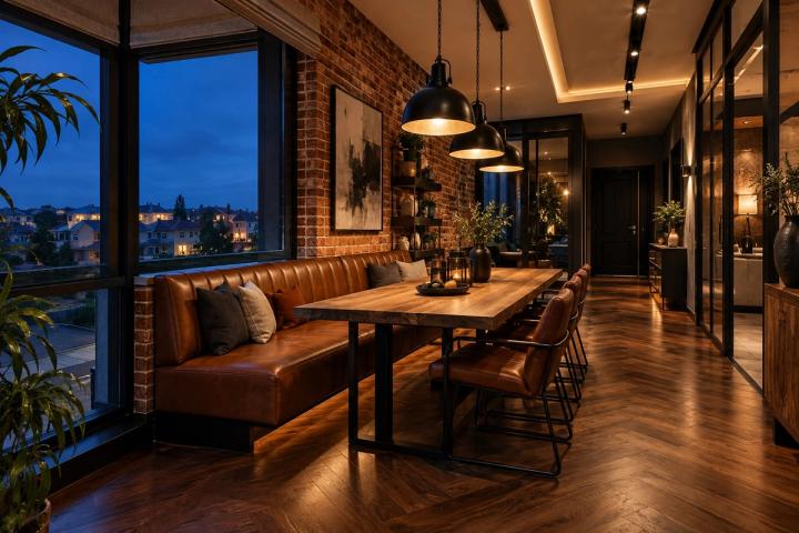 Loft üslubunda yemək zonası (villa, axşam, lampalar yanır) — Premium təmir paketi, dizayn vizuallaşdırması