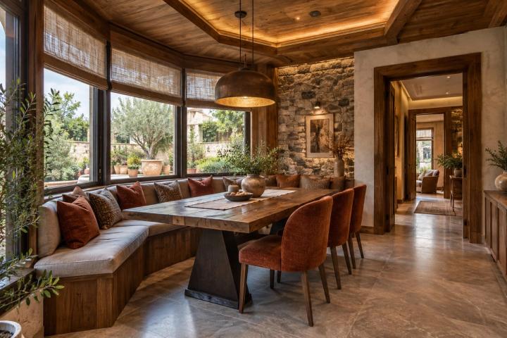 Şale üslubunda yemək zonası (villa, gündüz işığı) — Premium təmir paketi, dizayn vizuallaşdırması