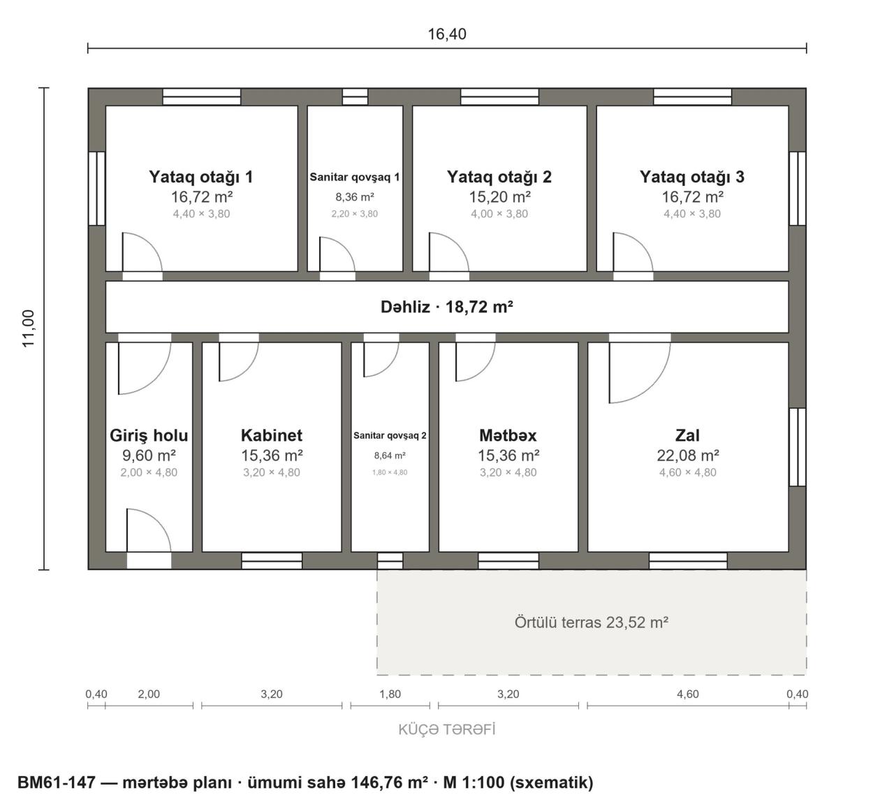 BM61-147 layihəsinin mərtəbə planı — 147 m², 3 yataq otağı