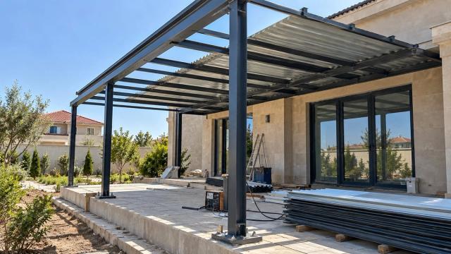 Terras üzərində quraşdırılan naves karkası, dirəklər və örtük vərəqləri