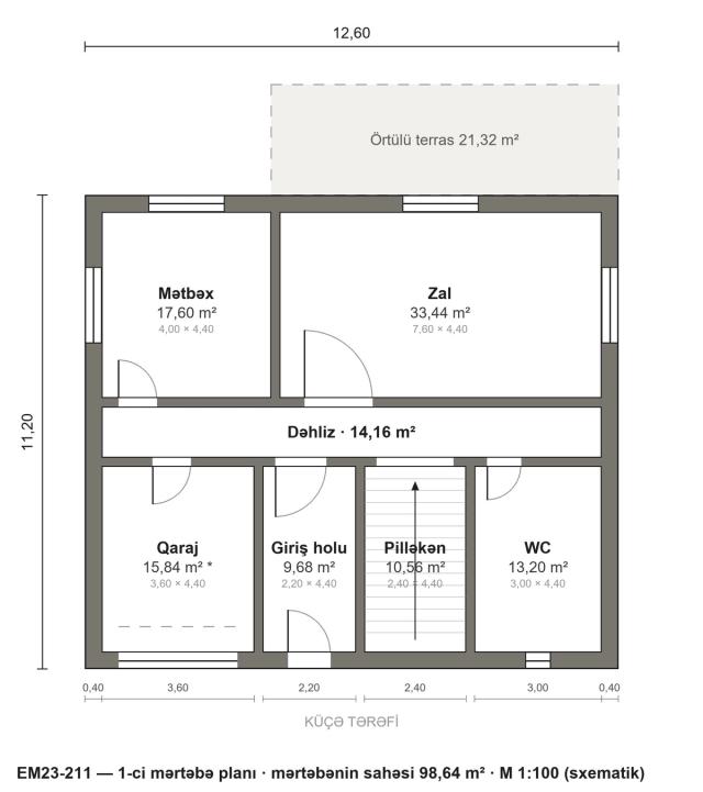 EM23-211 layihəsinin 1-ci mərtəbə planı — 98,64 m²