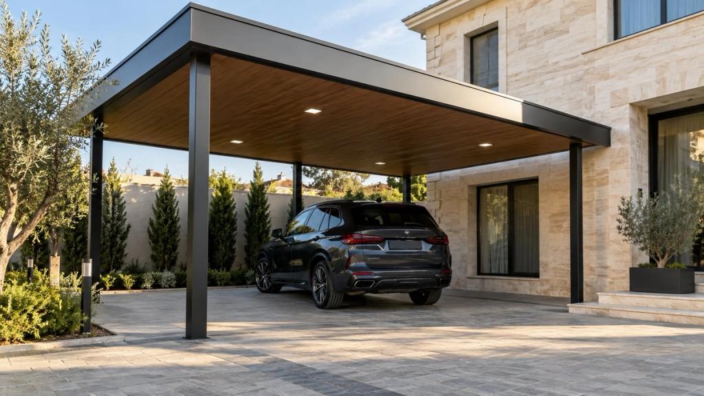 Daş evin yanında maşın üçün düz damlı metal naves