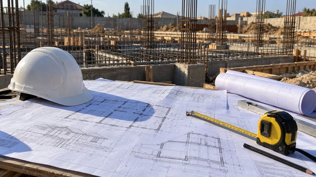 Tikinti meydançasında masa üzərində işçi çertyojları və kaska