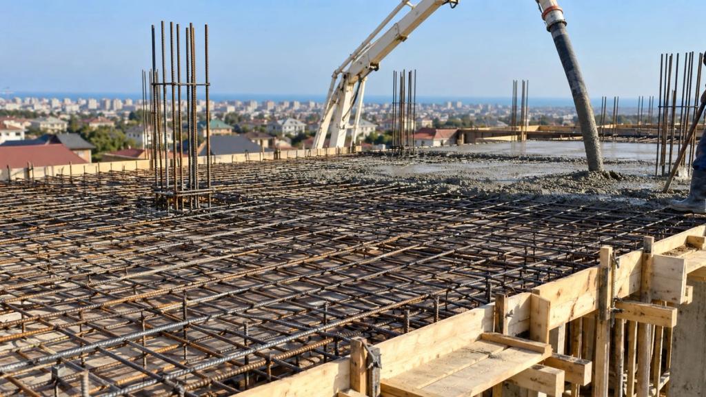 Qəlib üzərində döşəmə plitəsinin armatur toru və beton nasosu