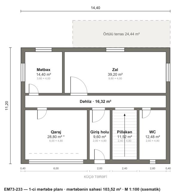 EM73-233 layihəsinin 1-ci mərtəbə planı — 103,52 m²