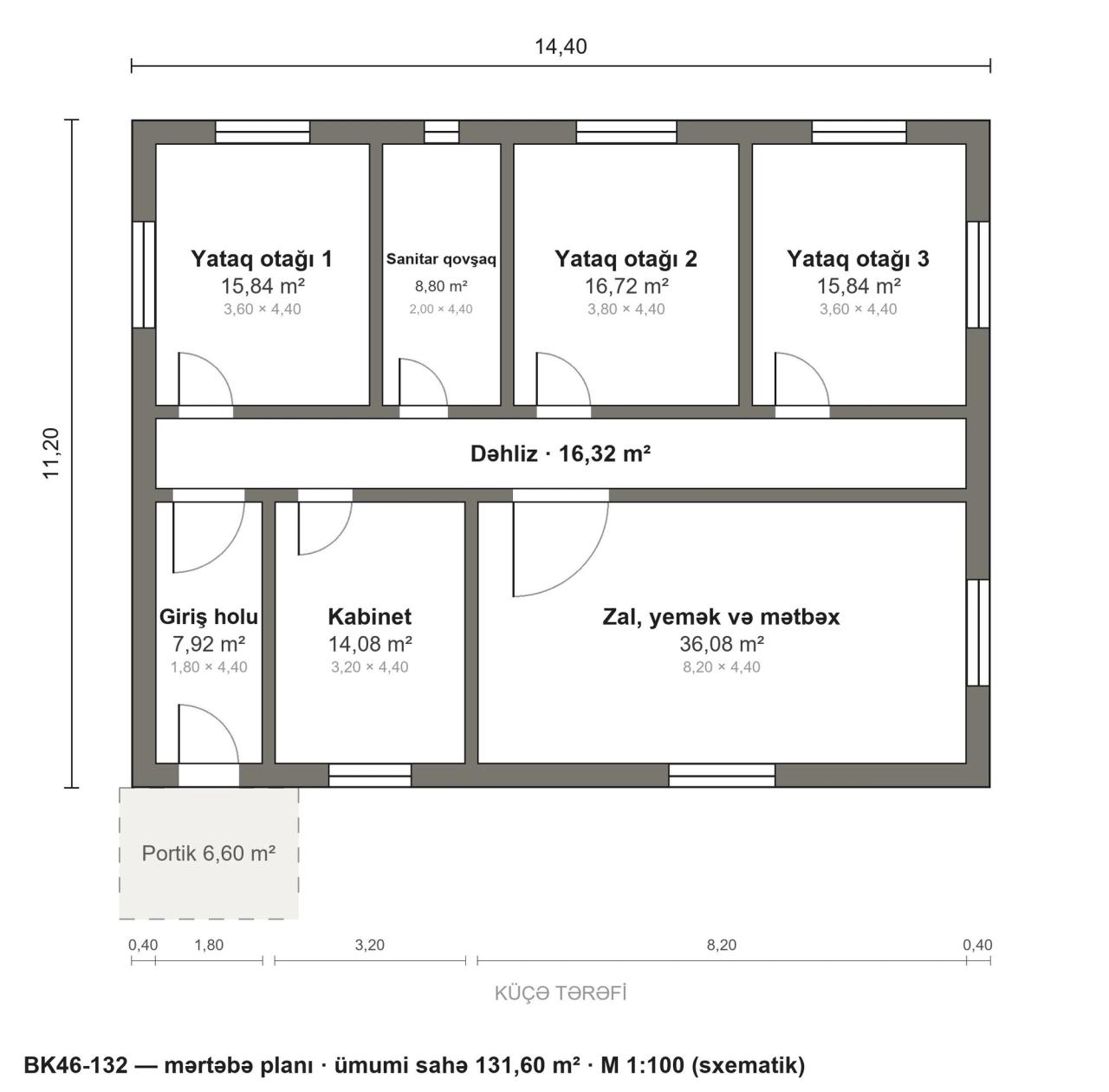 BK46-132 layihəsinin mərtəbə planı — 132 m², 3 yataq otağı