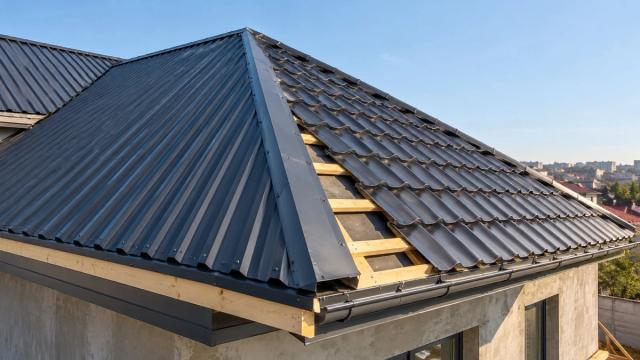 Dam örtüyü: bir yamacda profnastil, digərində metal-keramika