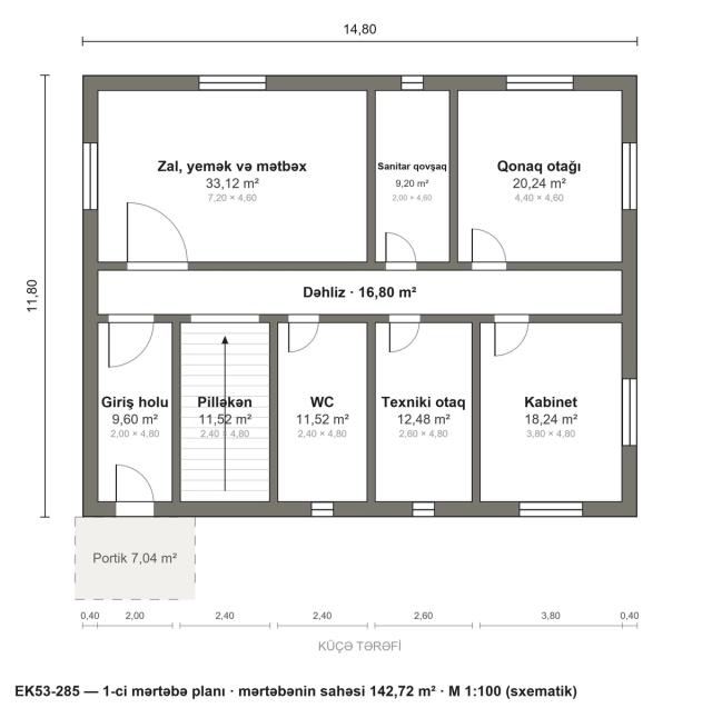 EK53-285 layihəsinin 1-ci mərtəbə planı — 142,72 m²