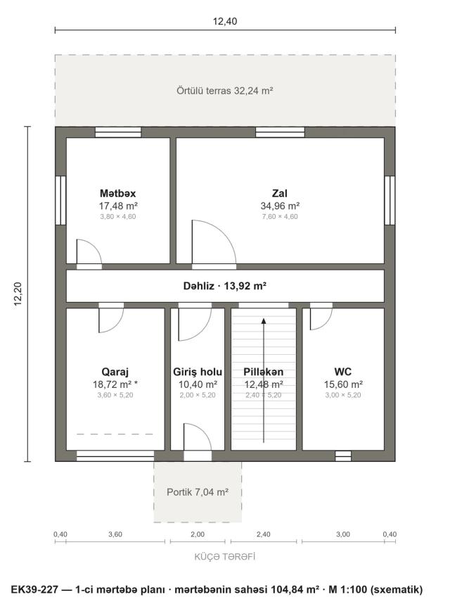 EK39-227 layihəsinin 1-ci mərtəbə planı — 104,84 m²