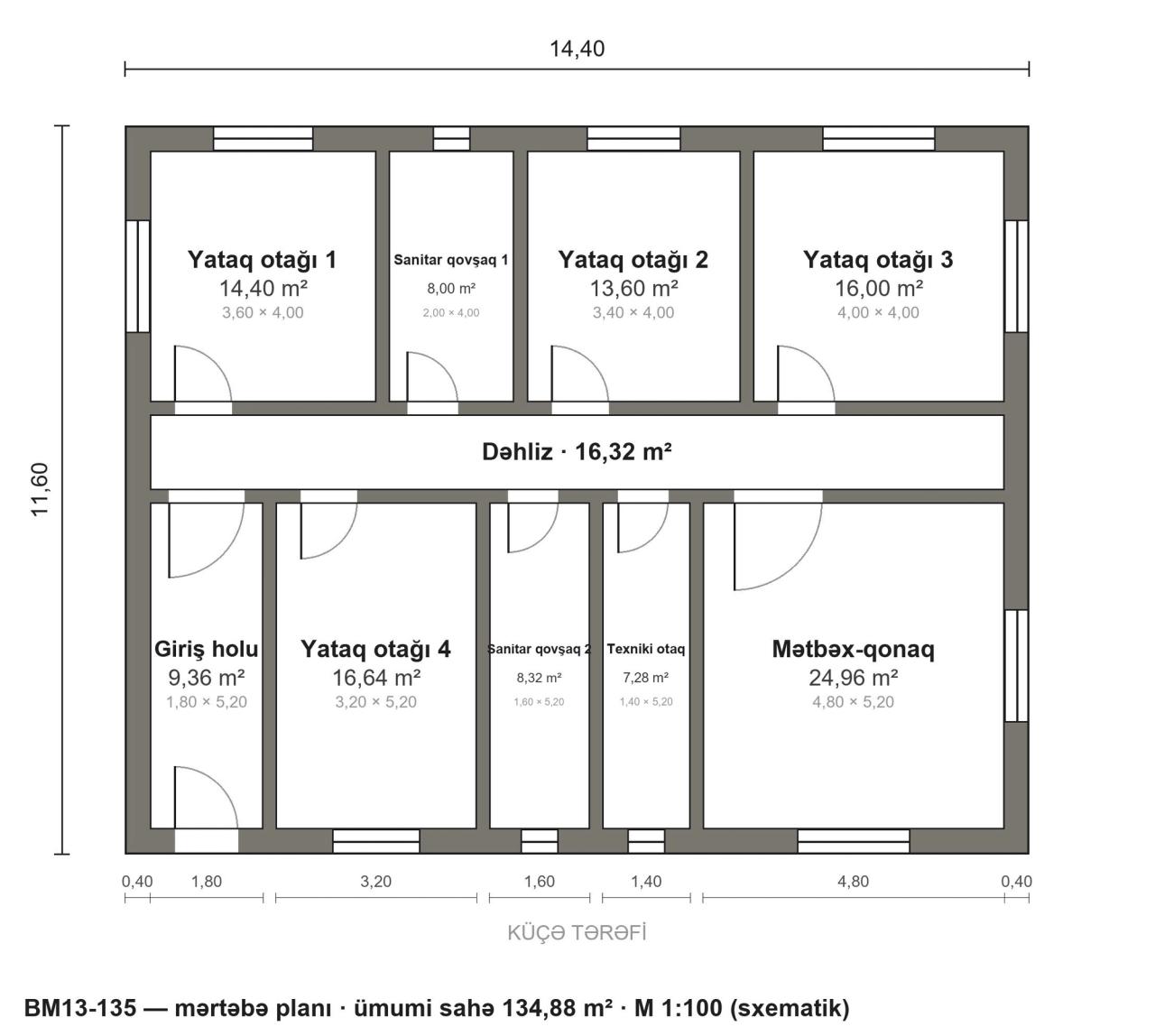 BM13-135 layihəsinin mərtəbə planı — 135 m², 4 yataq otağı