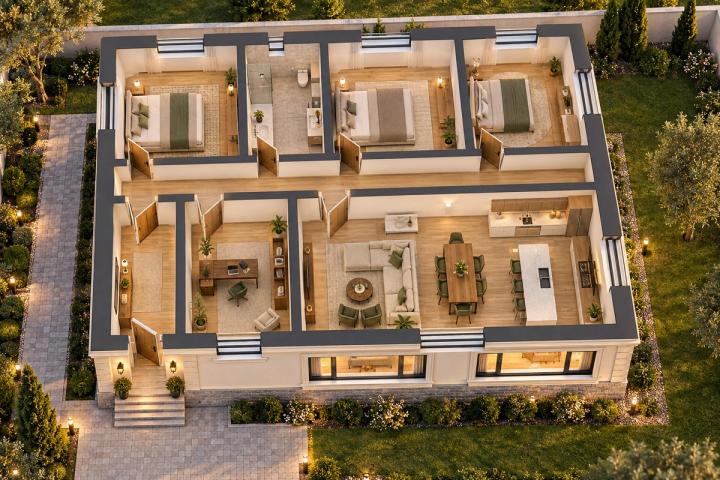 BK100-139 layihəsinin 3D kəsik planı — mebelli otaqlar, vizuallaşdırma