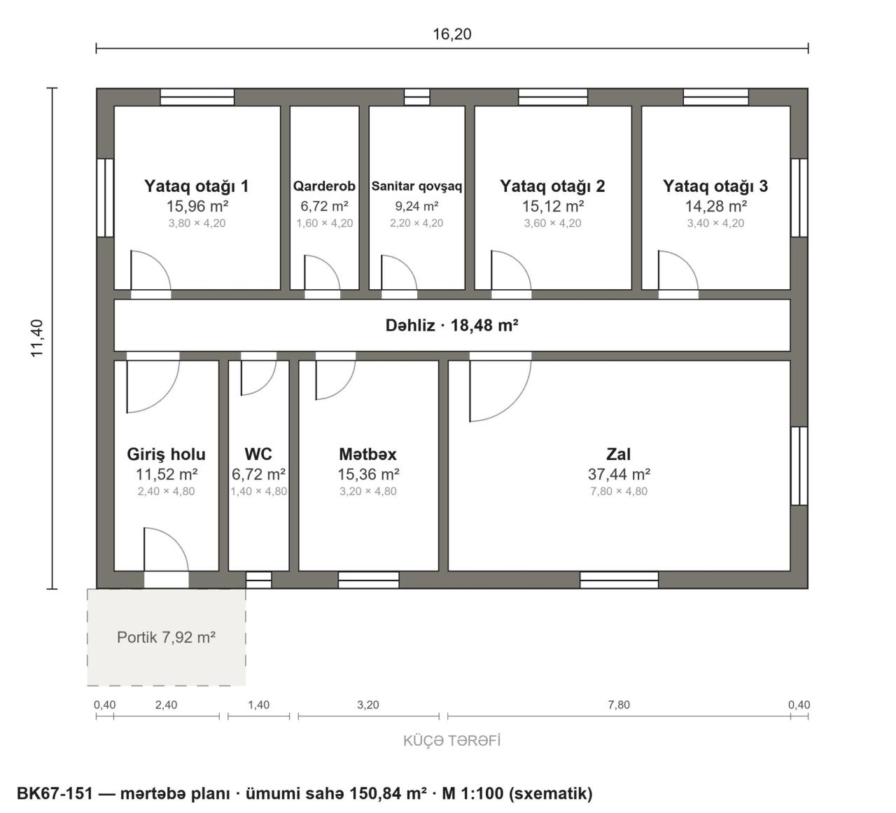 BK67-151 layihəsinin mərtəbə planı — 151 m², 3 yataq otağı