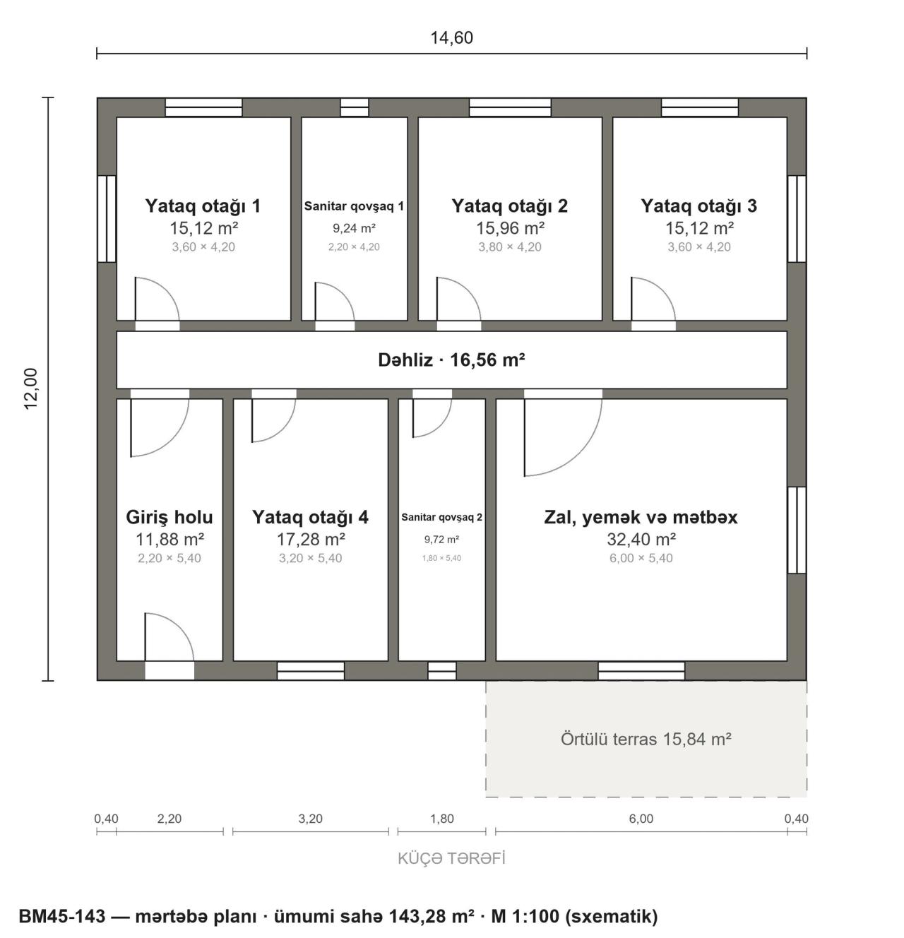 BM45-143 layihəsinin mərtəbə planı — 143 m², 4 yataq otağı