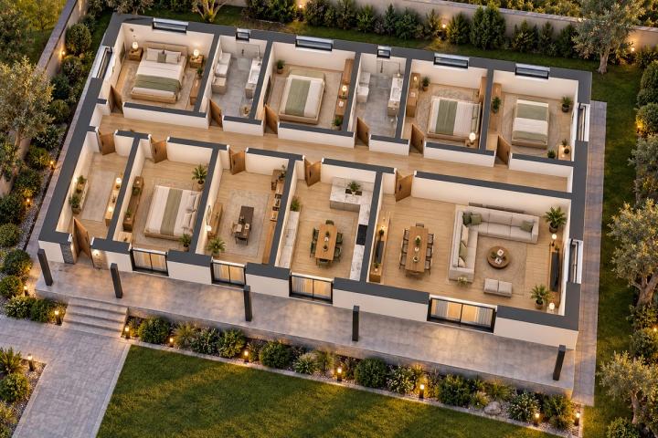 BM51-211 layihəsinin 3D kəsik planı — mebelli otaqlar, vizuallaşdırma