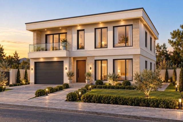 EM96-267 layihəsinin fasad vizuallaşdırması — ikimərtəbəli ev, düz dam