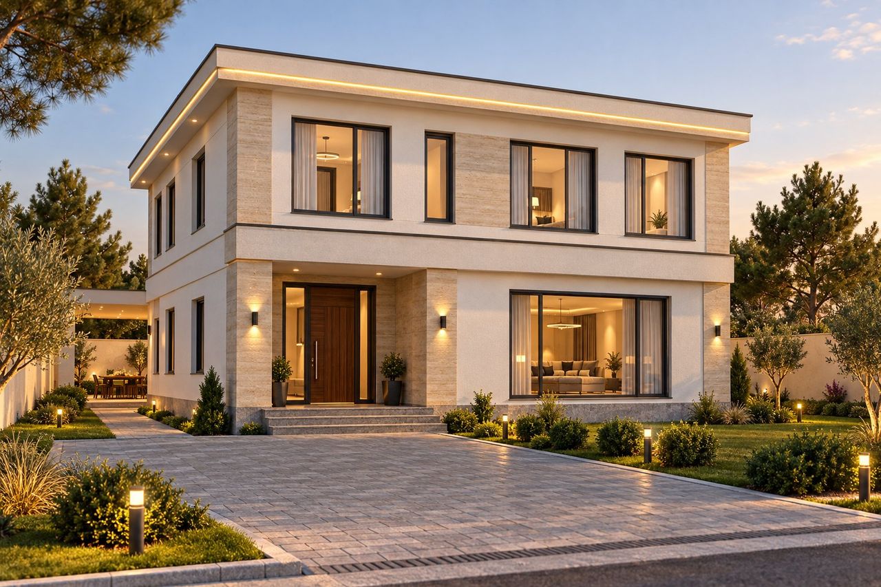 EM28-316 layihəsinin fasad vizuallaşdırması — ikimərtəbəli ev, düz dam