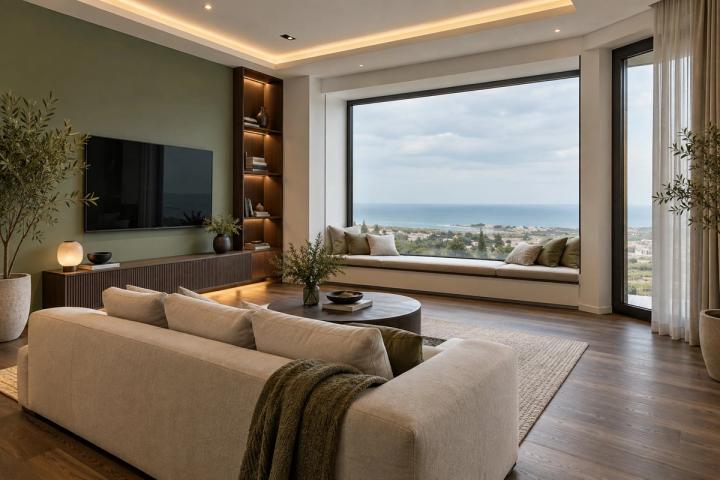Modern üslubunda qonaq otağı (iki mərtəbəli ev, gündüz işığı) — Premium təmir paketi, dizayn vizuallaşdırması