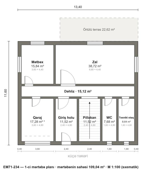 EM71-234 layihəsinin 1-ci mərtəbə planı — 109,04 m²
