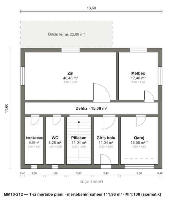 MM10-212 layihəsinin 1-ci mərtəbə planı — 111,96 m²