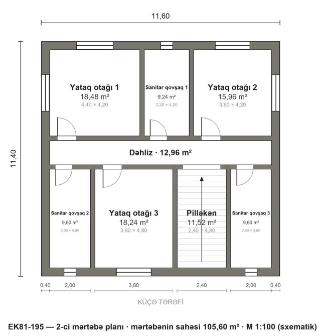 EK81-195 layihəsinin 2-ci mərtəbə planı — 3 yataq otağı
