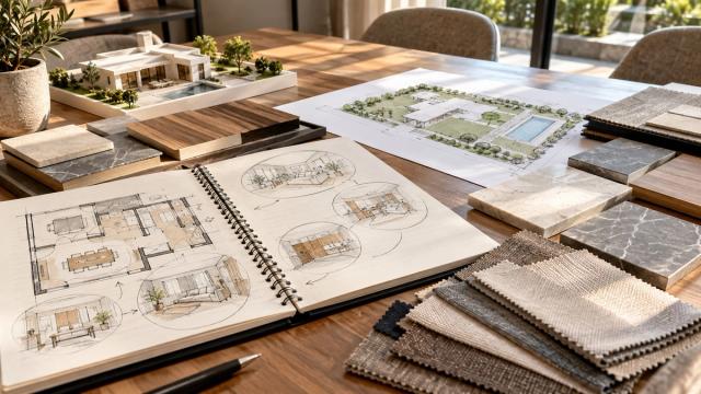 Görüş masasında eskiz dəftəri, sahə planı və material nümunələri