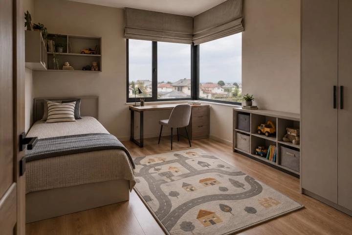 Modern üslubunda uşaq otağı (həyət evi, gündüz işığı) — Ekonom təmir paketi, dizayn vizuallaşdırması
