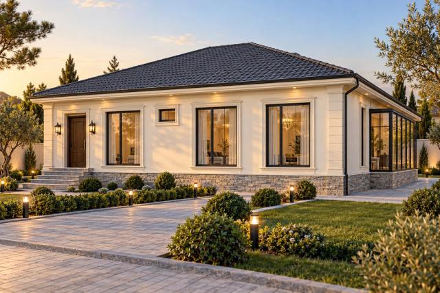 BK91-171 layihəsinin fasad vizuallaşdırması — dörd yamaclı dam, şüşəli qış bağı
