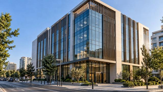 Şüşə və şaquli alüminium lamelli müasir ofis binası